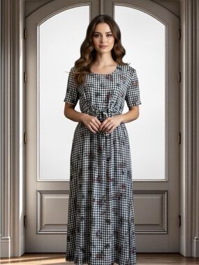 Vintage Black & White Gingham Maxi Dress with Floral Accents